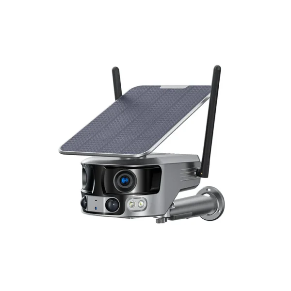 Dual-Lens Panoramic Solar Camera for outdoor security with 4MP HD sensors, 180° view angle, and night vision up to 40 meters.