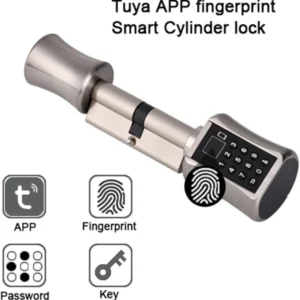 Smart Cylinder Lock in aluminum alloy with fingerprint, password, card, mechanical key, and app unlocking methods.