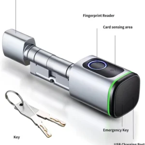 Smart Cylinder Lock in aluminum alloy or brass, featuring fingerprint, card, mechanical key, and app unlocking methods.