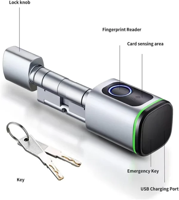 Smart Cylinder Lock in aluminum alloy or brass, featuring fingerprint, card, mechanical key, and app unlocking methods.