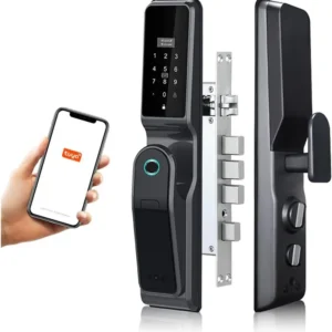 3D Face Recognition Door Handle Lock in gray, with WiFi connectivity and multiple access methods.