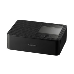 Canon SELPHY CP1500 Compact Photo Printer in black, displaying a photo being printed wirelessly from a smartphone