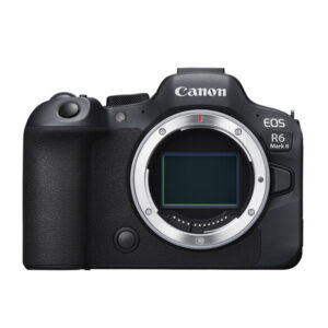 Canon EOS R6 Mark II mirrorless camera with a 24.2MP full-frame sensor, showcasing its compact body design and intuitive control layout, suitable for both photography and videography.