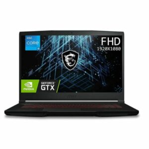 MSI GF63 Thin 11 with Intel Core i7, 16GB RAM, 512GB SSD, and NVIDIA RTX 3050 GPU, featuring a 15.6" FHD display