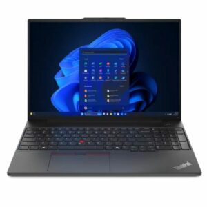 Lenovo ThinkPad E16 business laptop with Ryzen 5 processor, 16-inch WUXGA display, and Lenovo carrying case.