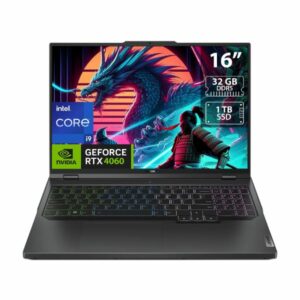 Lenovo Legion Pro 5 gaming laptop with Intel Core i9, 32GB RAM, 1TB SSD, and NVIDIA RTX 4060, featuring a 16" QHD display